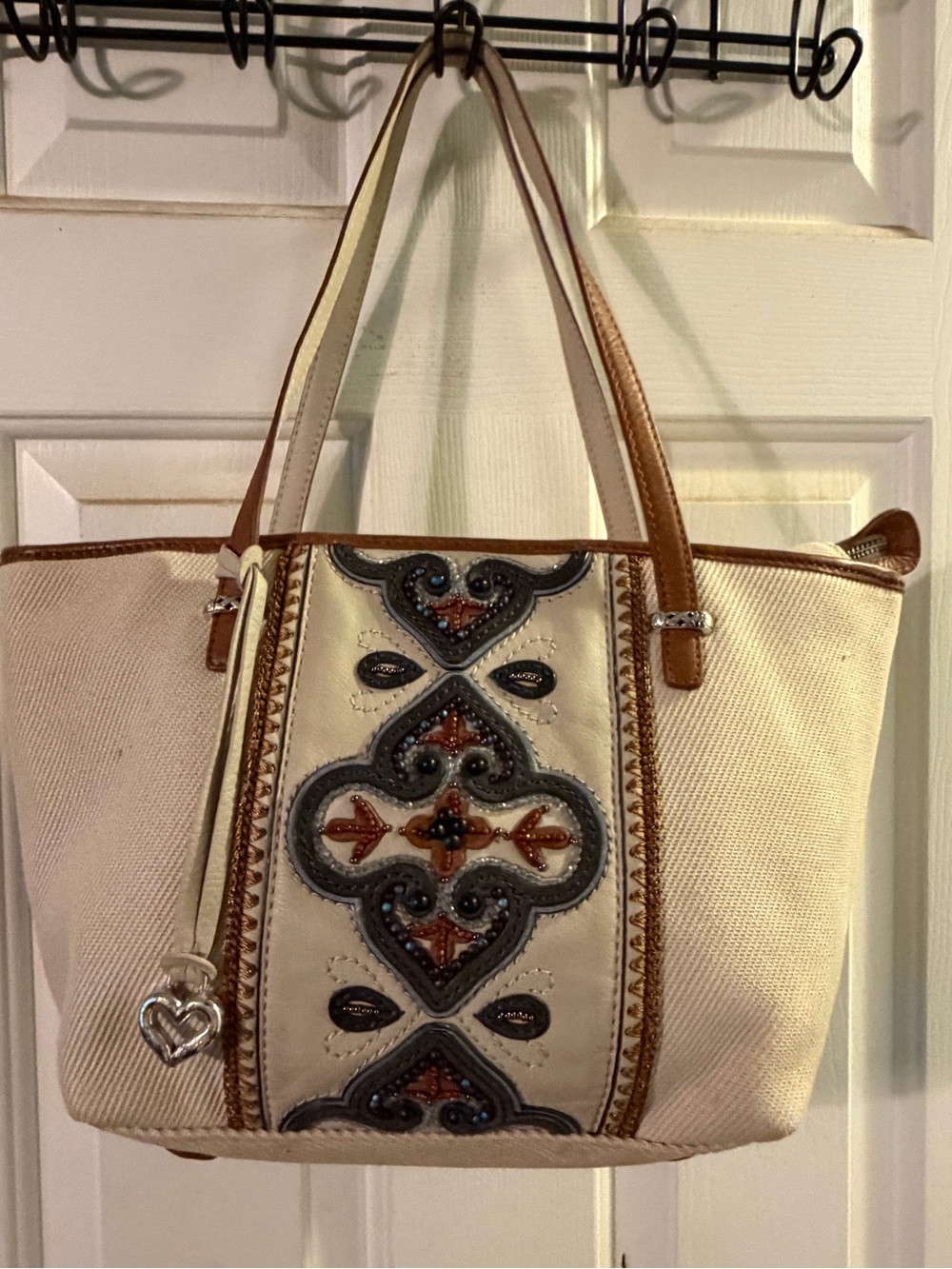 Brighton Cream and Brown Embroidered Shoulder Tote